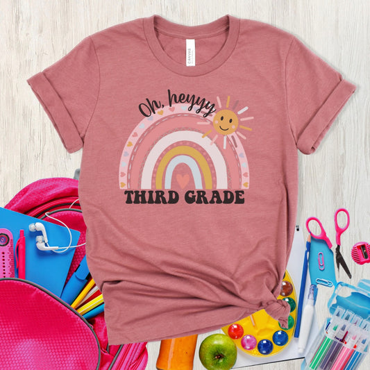 Oh hey third grade teacher T-shirt, boho rainbow, smiley sunshine, 3rd grade teachers, elementary teachers