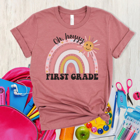 Oh hey first grade teacher T-shirt, boho rainbow, smiley sunshine, kindergarten teachers, elementary teachers, special education